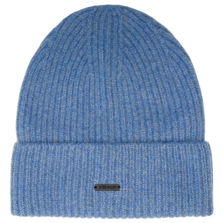 Stone Valley 100% Wol Blauw Geribbelde Muts met Zwart Metalen Logo