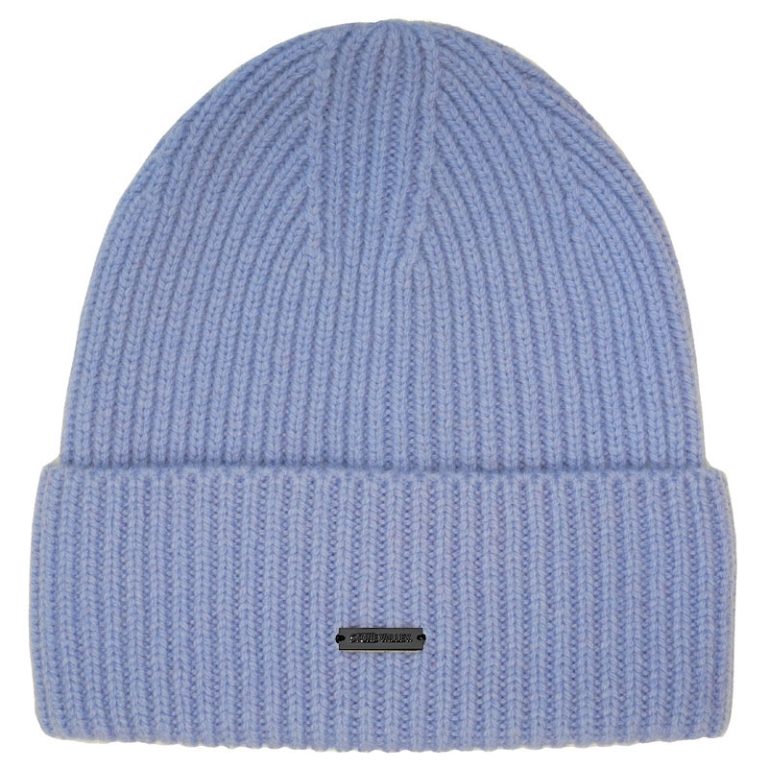 Stone Valley 100% Wol Blauw/Paars Geribbelde Muts met Zwart Metalen Logo