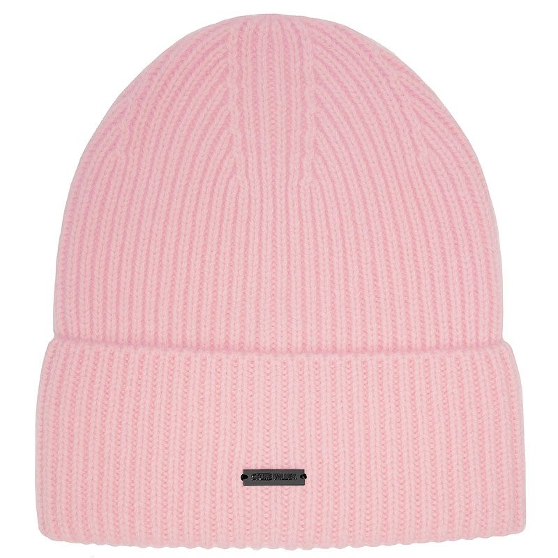Stone Valley 100% Wol Roze Geribbelde Muts met Zwart Metalen Logo