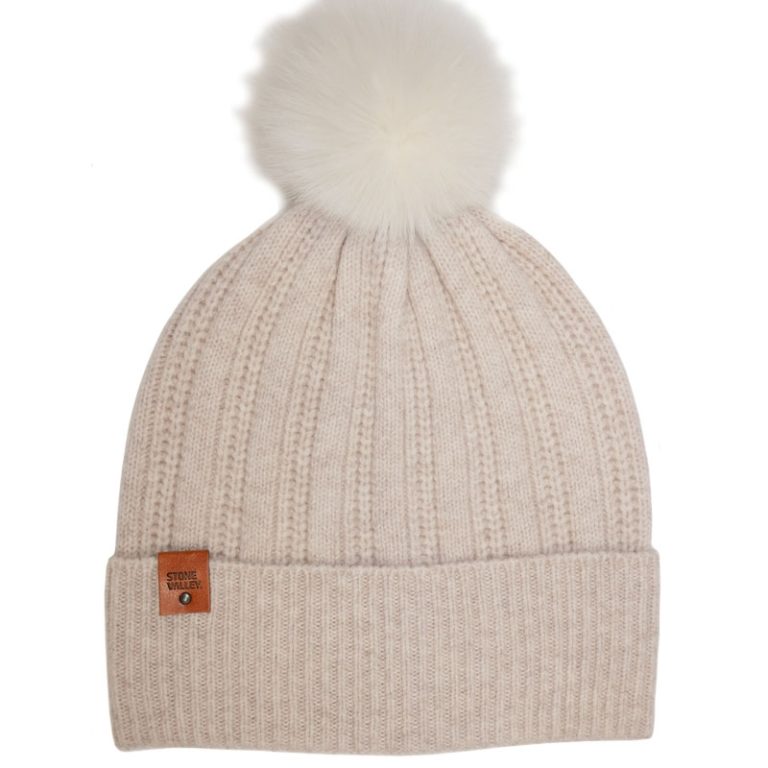 Stone Valley Merino wollen Muts in Beige met Pompon