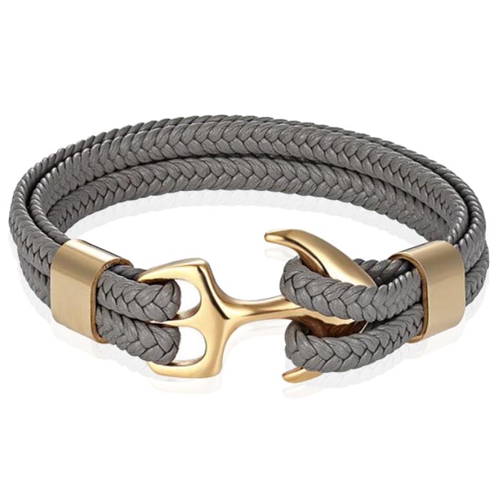 Tom Jaxon Heren armband Anker gevlochten Leer Goudkleurig Grijs – 18cm