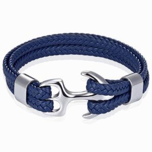 Tom Jaxon Heren armband Anker gevlochten Leer Zilverkleurig Blauw – 20cm