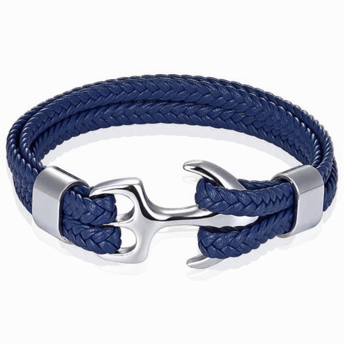 Tom Jaxon Heren armband Anker gevlochten Leer Zilverkleurig Blauw – 20cm