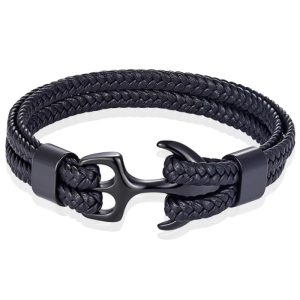 Tom Jaxon Heren armband Anker gevlochten Leer Zwart – 20cm