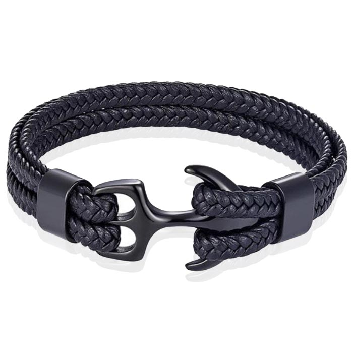 Tom Jaxon Heren armband Anker gevlochten Leer Zwart – 18cm