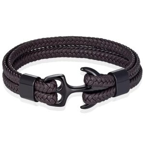 Tom Jaxon Heren armband Anker gevlochten Leer Zwart Bruin – 20cm