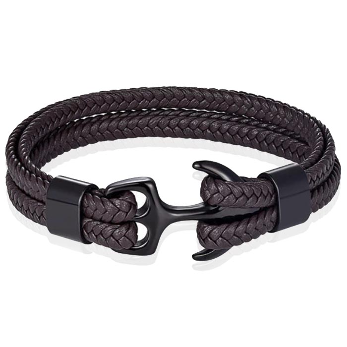 Tom Jaxon Heren armband Anker gevlochten Leer Zwart Bruin – 20cm