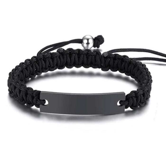 Tom Jaxon Heren armband Gevlochten Touw Graveerplaat Zwart Verstelbaar