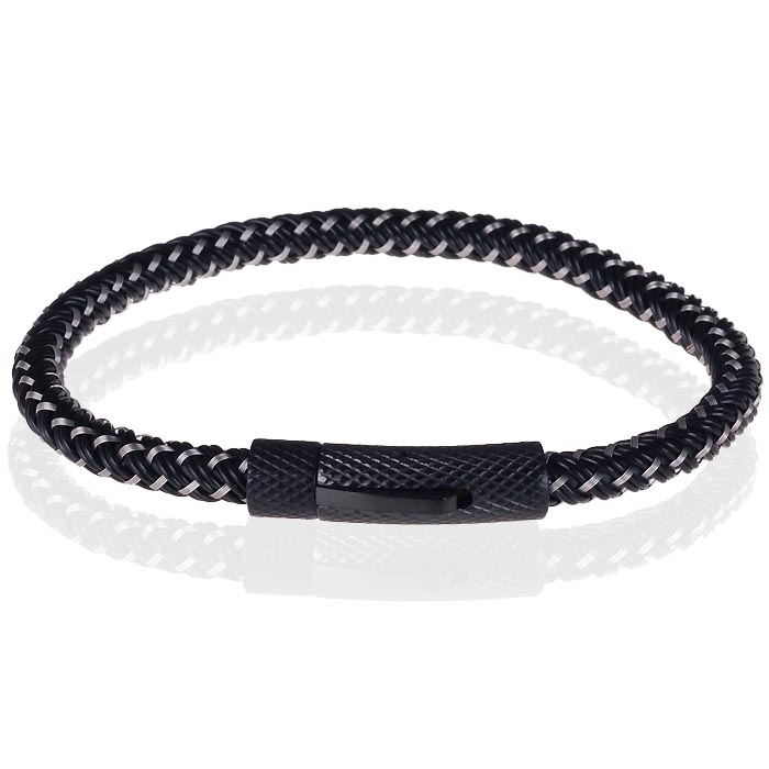 Tom Jaxon Heren armband geweven leer met Edelstaal Zwart-19cm