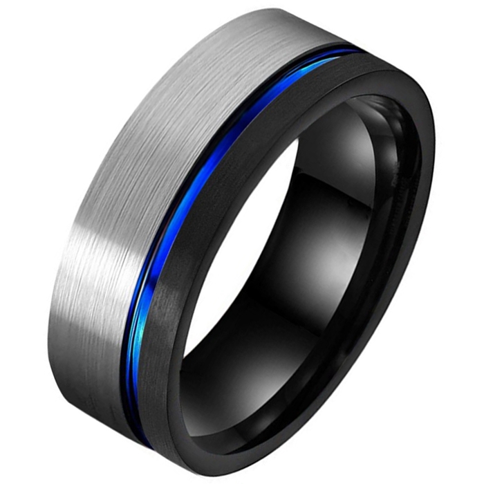 Wolfraam heren ring Groef Zilverkleurig Zwart Blauw-20mm