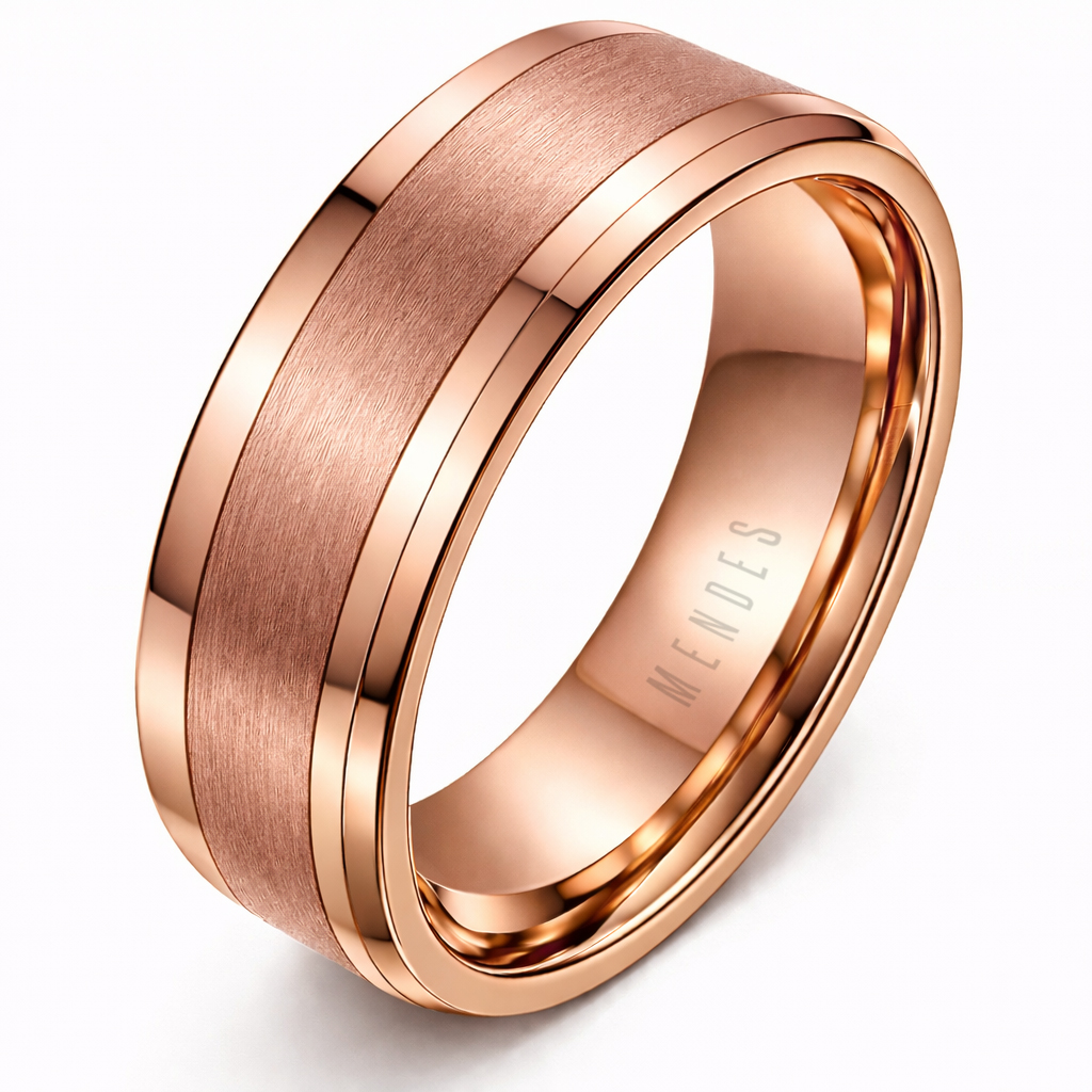 Wolfraam heren ring Rosegoud geborstelde streep 8mm-20mm