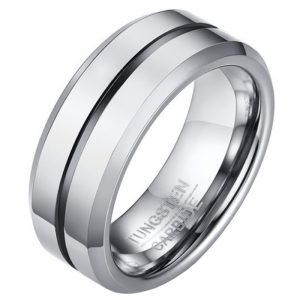 Wolfraam heren ring zilverkleurig met Zwarte streep-19mm