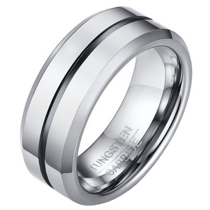 Wolfraam heren ring zilverkleurig met Zwarte streep-18mm