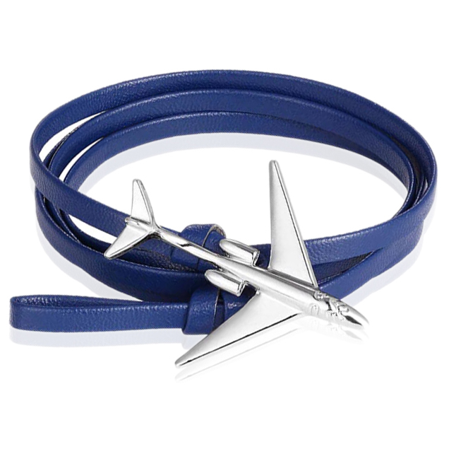 Wrap armband Heren Leer Vliegtuig Anker Blauw Zilverkleurig