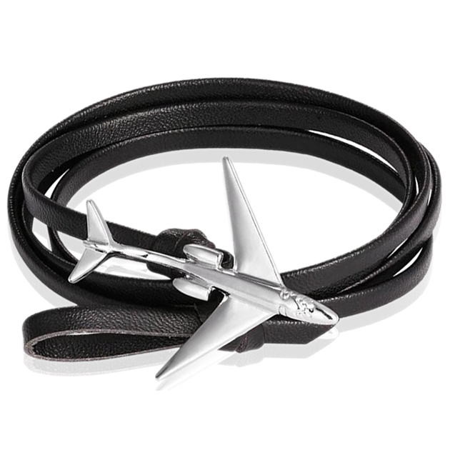 Wrap armband Heren Leer Vliegtuig Anker Zwart Zilverkleurig