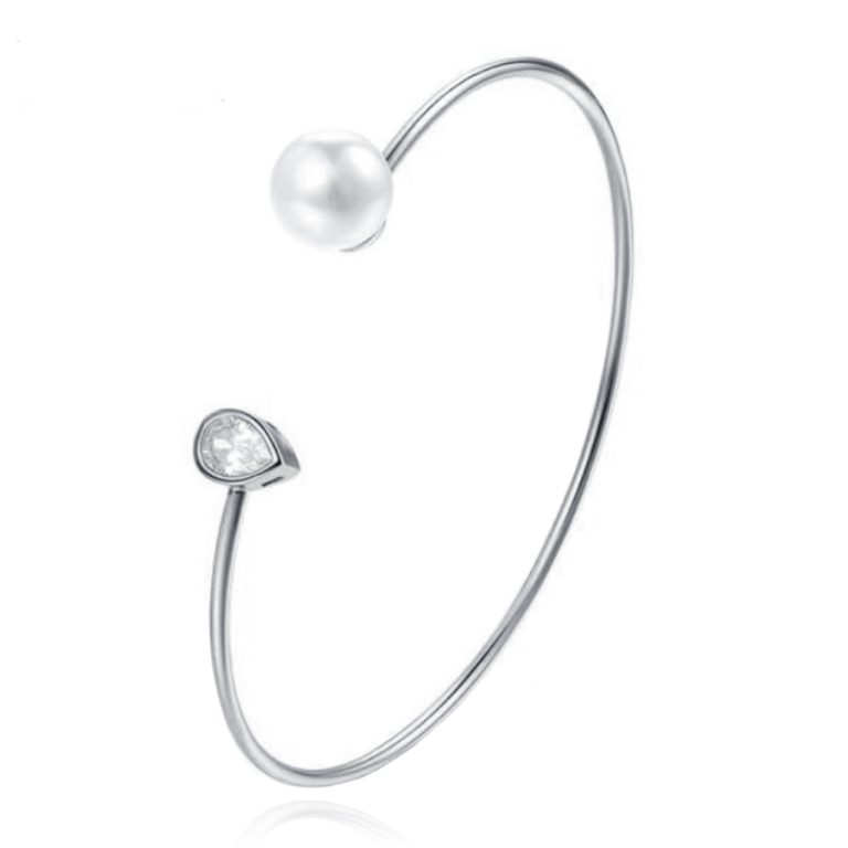 Zilverkleurige armband met Ovale Zirkonia Steen en Imitatie Parel