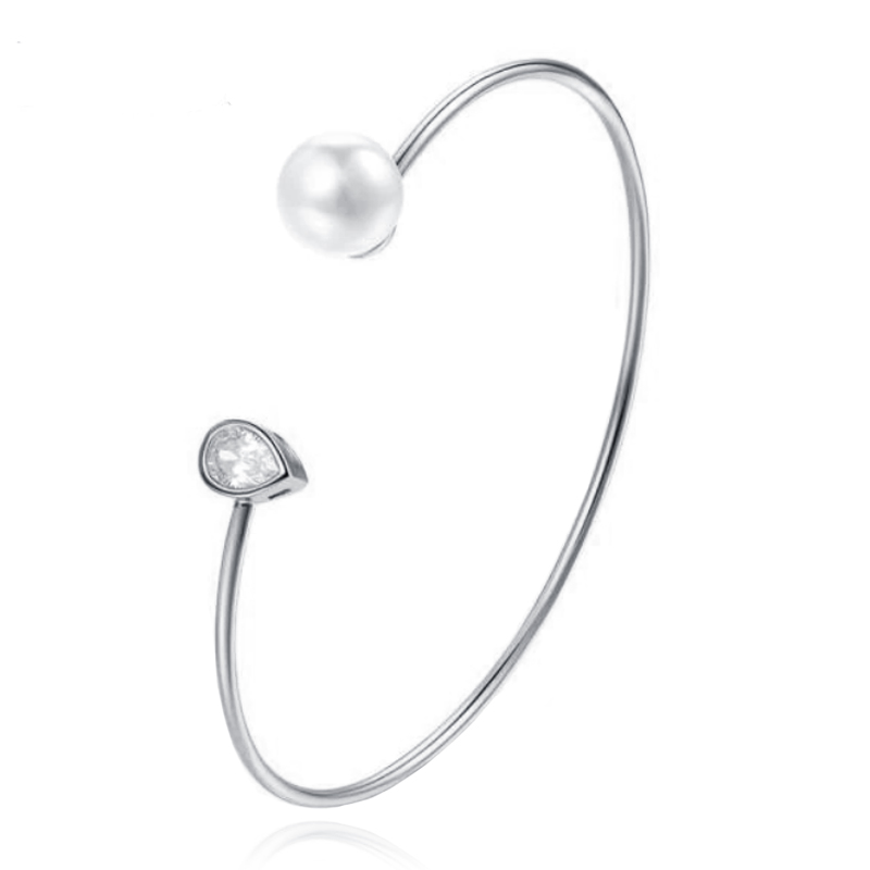 Zilverkleurige armband met Ovale Zirkonia Steen en Imitatie Parel
