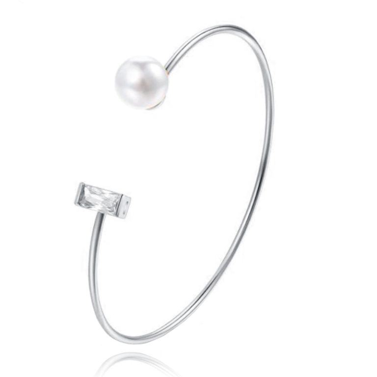 Zilverkleurige armband met Rechthoekige Zirkonia Steen en Imitatie Parel