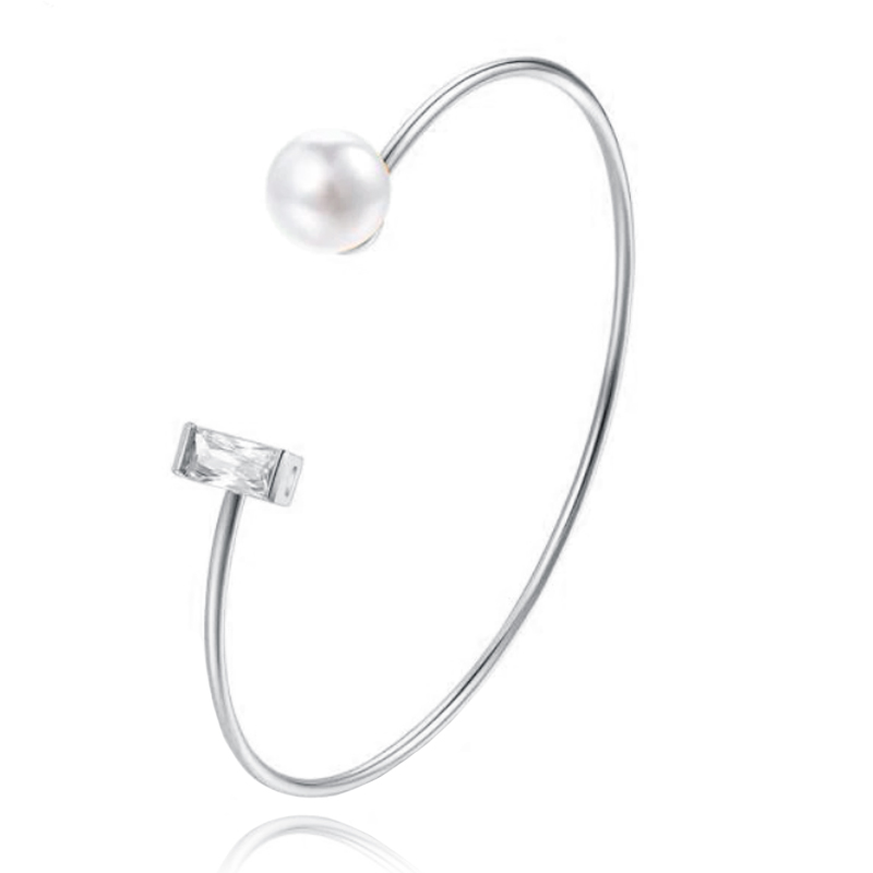 Zilverkleurige armband met Rechthoekige Zirkonia Steen en Imitatie Parel