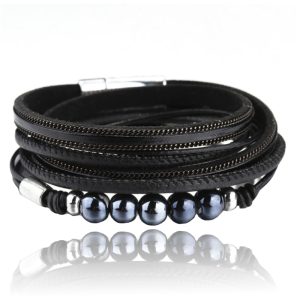 Zwarte multilayer Boho armband rondgenaaid PU leer en kralen