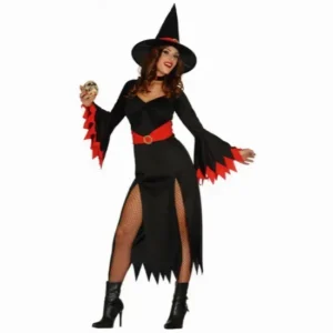 Zwarte lange heksen verkleed jurk met rode details – Dames – Halloween – Feestkleding