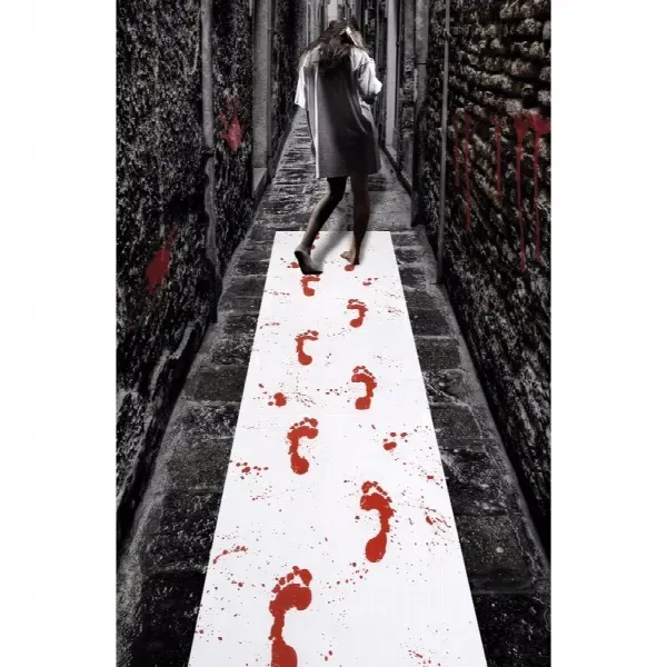 Witte loper met rode bloed voetstappen – 450 x 60 cm – Halloween/horror decoratie