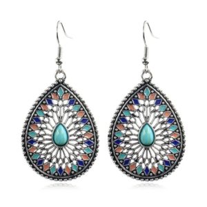 Druppelvormige Bohemian multicolor oorbellen met turquoise