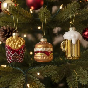 Glazen kerstballen fastfood – burger, frietjes en bierglas – set van 3