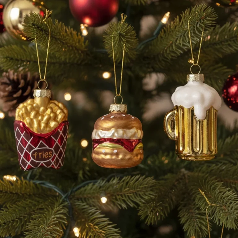 Glazen kerstballen fastfood – burger, frietjes en bierglas – set van 3