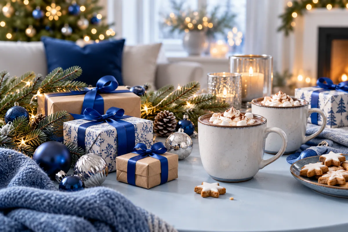 Kerstcadeautjes met blauwe linten, kerstgroen en warme chocolademelk