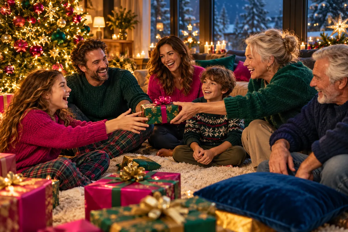 Een familie geeft lachend een kerstcadeau door bij de verlichte kerstboom