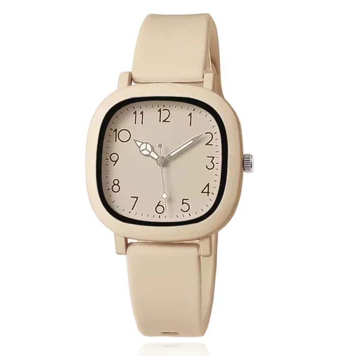 LGT Beige dameshorloge – soft square kast met siliconen band