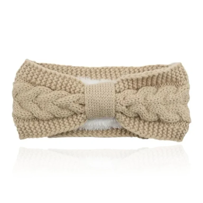 LGT JWLS Dames Hoofdband – Beige, Katoen met Fleece Voering en Kabelpatroon