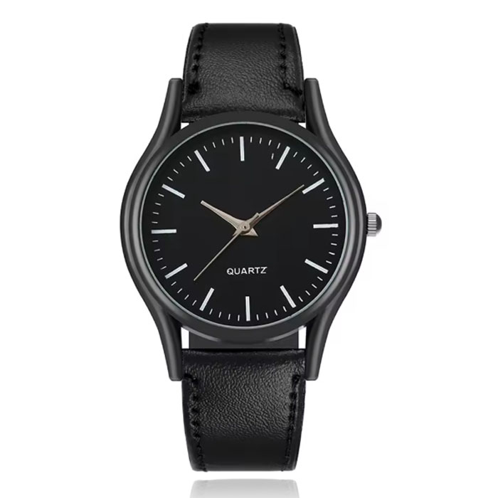 LGT Stijlvol herenhorloge met zwarte leren band en zwarte wijzerplaat