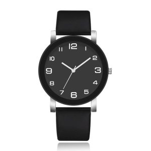 Minimalistisch Herenhorloge met Hoog Contrast en Zwarte Lederen Band