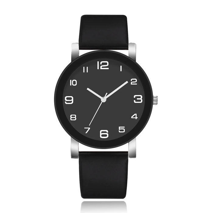 Minimalistisch Herenhorloge met Hoog Contrast en Zwarte Lederen Band