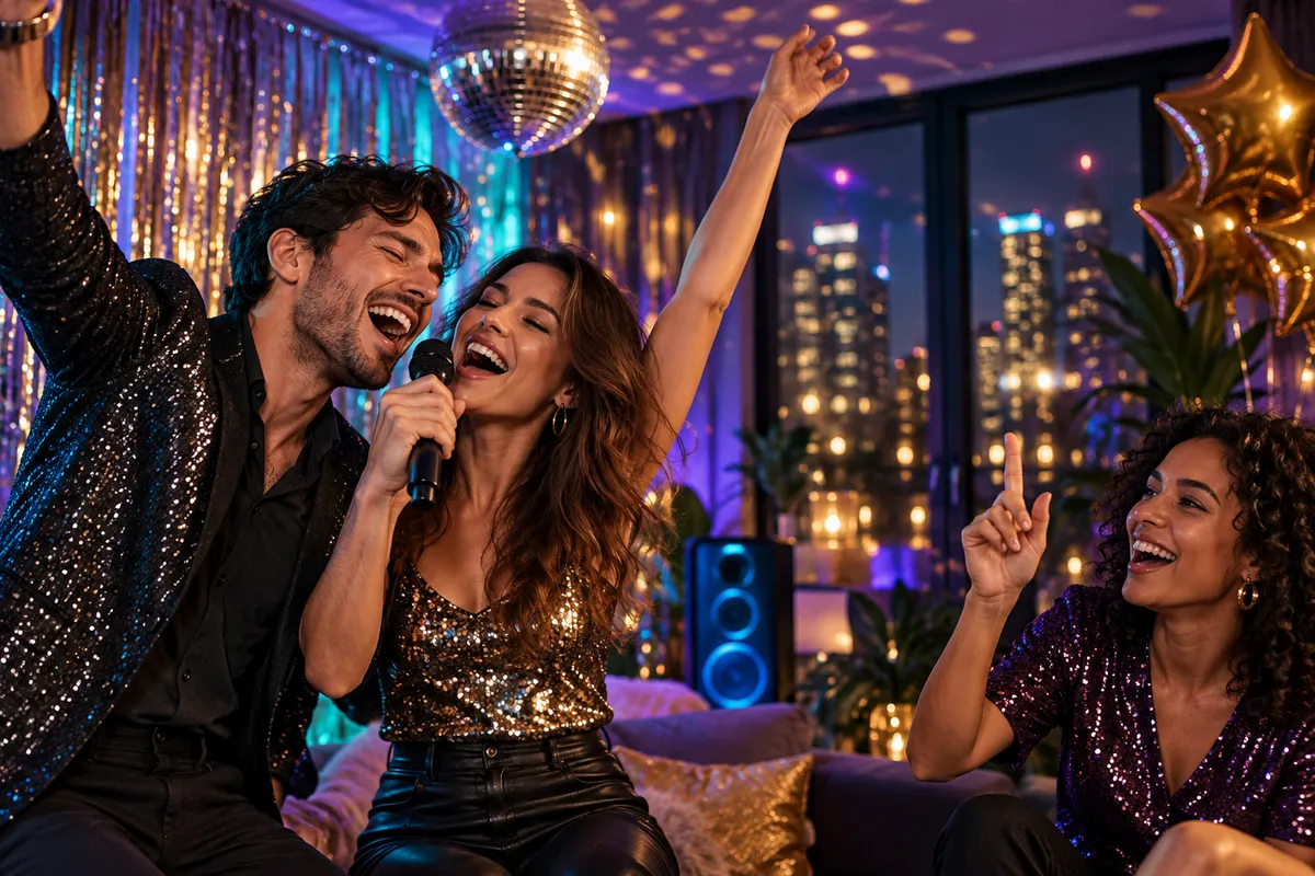 Vrienden zingen en raden samen muziek tijdens een feestelijke avond met discobol