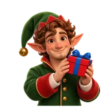 Een kerstelf houdt een ingepakt kerstcadeau omhoog