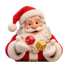 De kerstman gooit een rode en gouden dobbelsteen