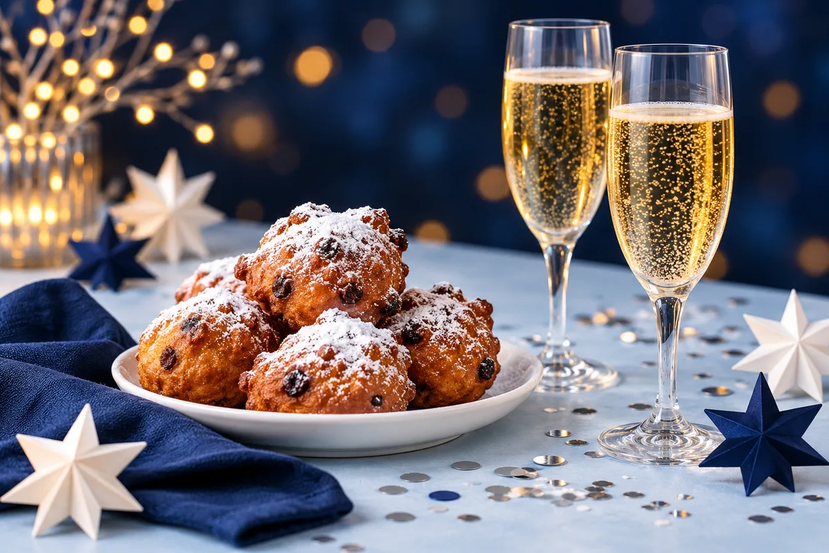 Oliebollen, twee feestelijke glazen en papieren sterren op een blauwe tafel
