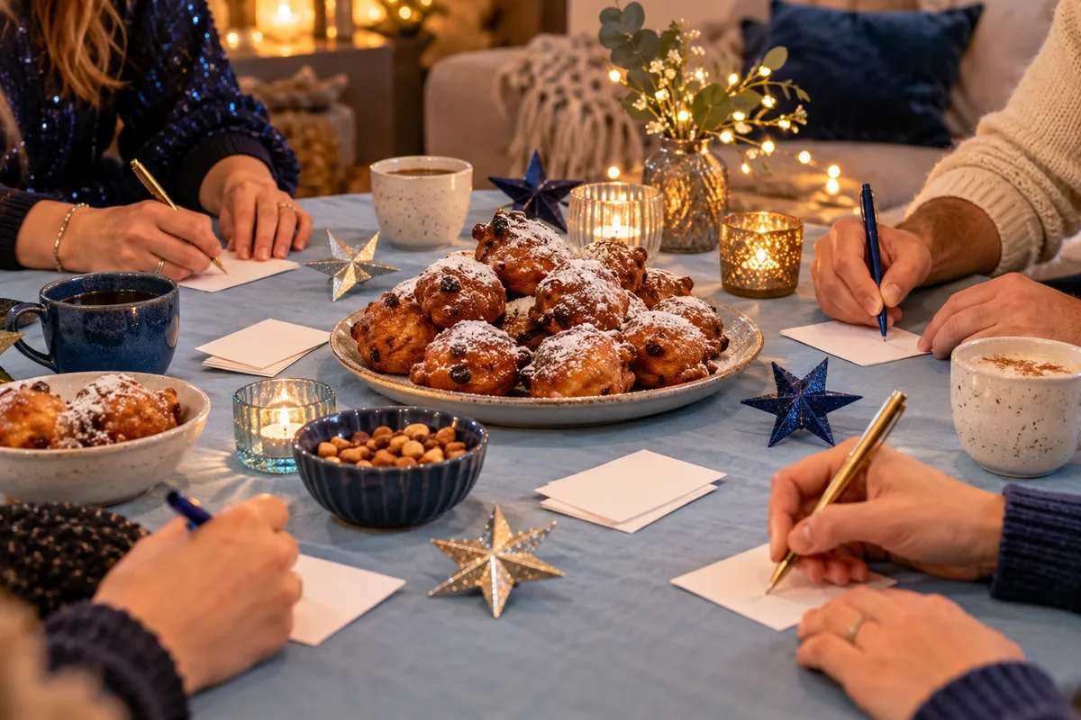 Samen een quiz spelen aan een oudejaarstafel met oliebollen en sterren
