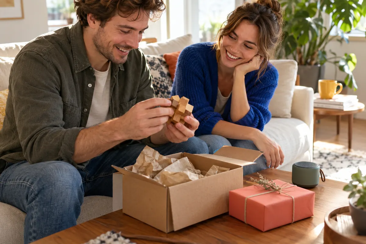 Twee mensen ontdekken samen een houten puzzel uit een cadeaupakket in een lichte woonkamer