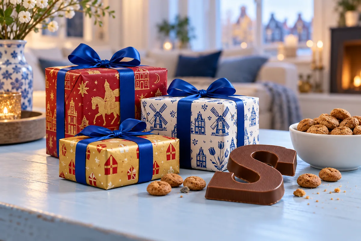 Ingepakte cadeautjes met blauwe linten, een chocoladeletter en kruidnoten