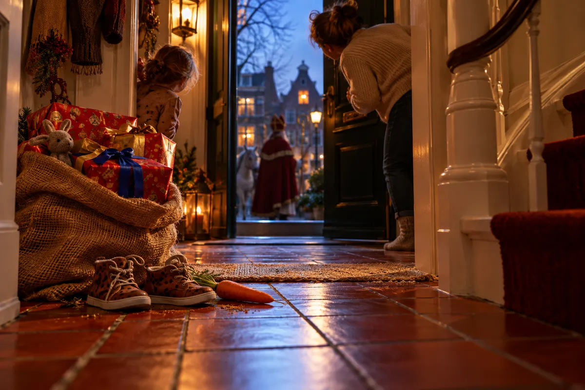 Een kind en volwassene kijken bij de voordeur, naast een zak cadeaus en gezette schoenen