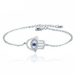 Zilverkleurige Verstelbare Dames Schakelarmband met Fatima Hand en Steentjes
