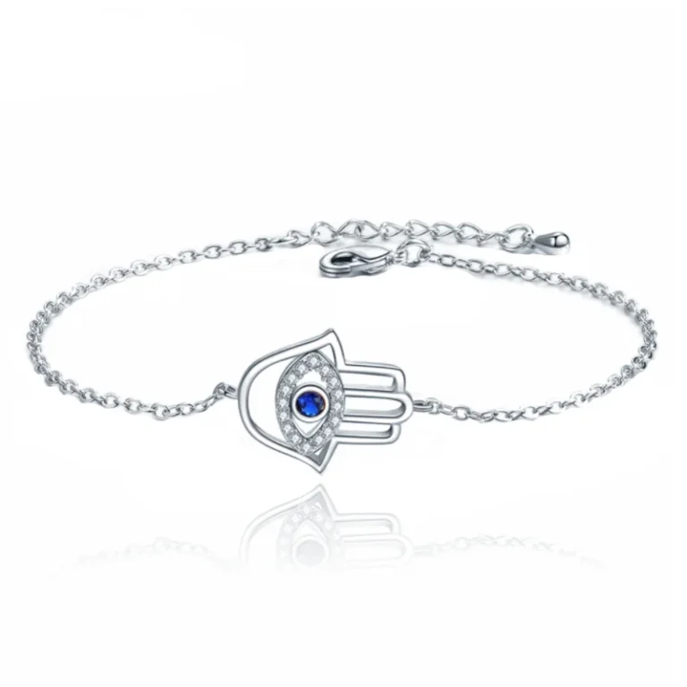 Zilverkleurige Verstelbare Dames Schakelarmband met Fatima Hand en Steentjes